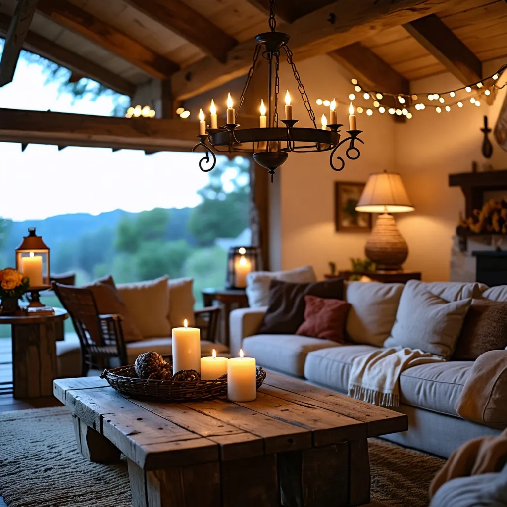Acogedor rincón en cabaña con luces cálidas y decoración rústica.