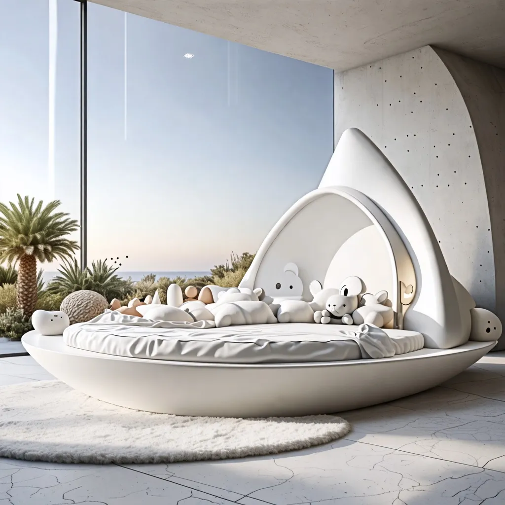 Cama de diseño futurista con vistas a la naturaleza.