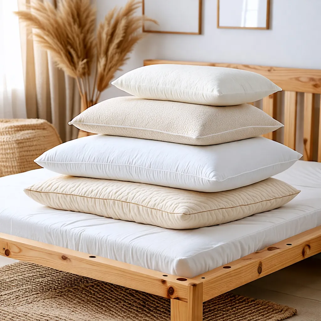 Cama de madera con almohadas y decoración natural.