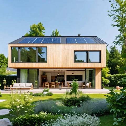 Casa moderna con paneles solares en un hermoso jardín.