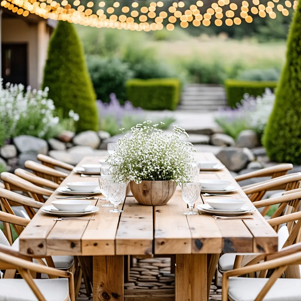Celebración al aire libre con decoración rústica y elegante.
