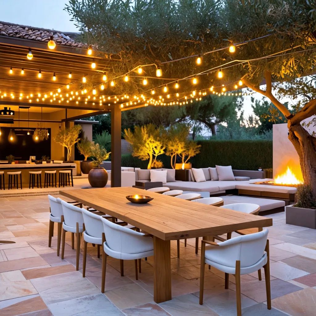 Cena al aire libre en un acogedor patio con luces cálidas y decoración elegante.