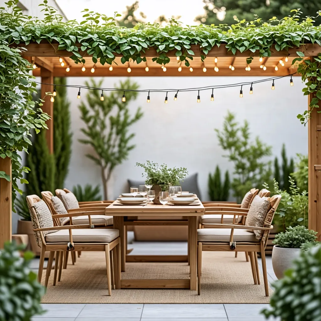 Cena al aire libre en un acogedor patio con luces y plantas.