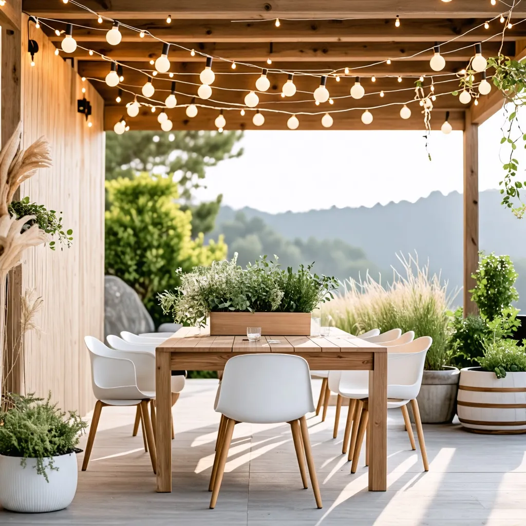 Cena al aire libre en un acogedor porche con luces decorativas.