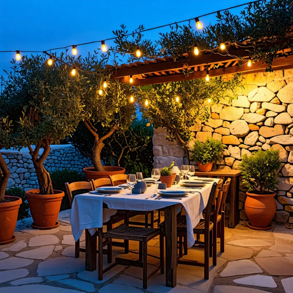 Cena al aire libre en un encantador patio con luces cálidas y plantas.