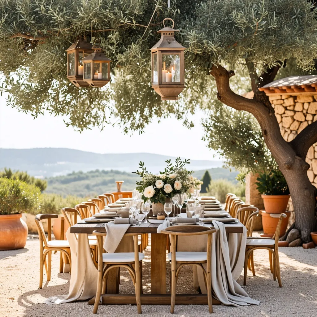 Cena al aire libre en un hermoso jardín mediterráneo.