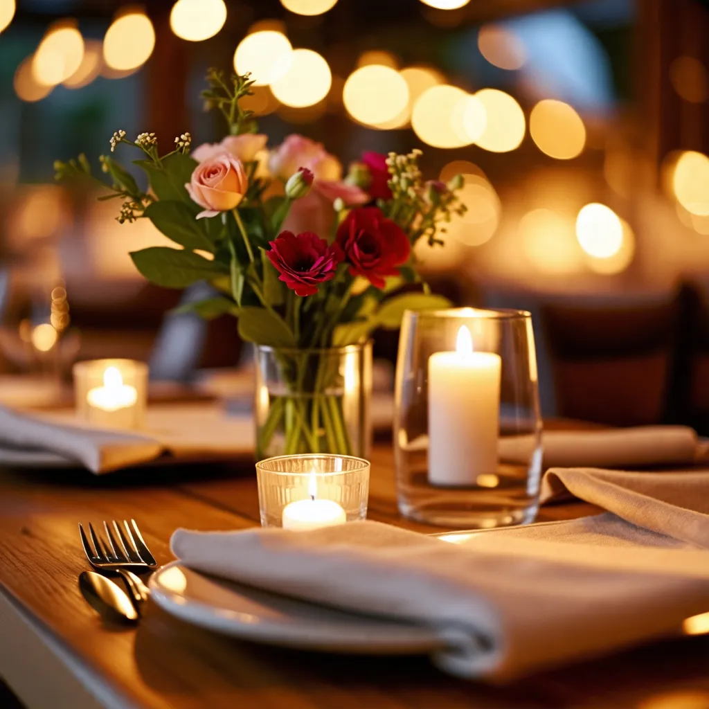 Cena íntima con flores y velas, una velada romántica.