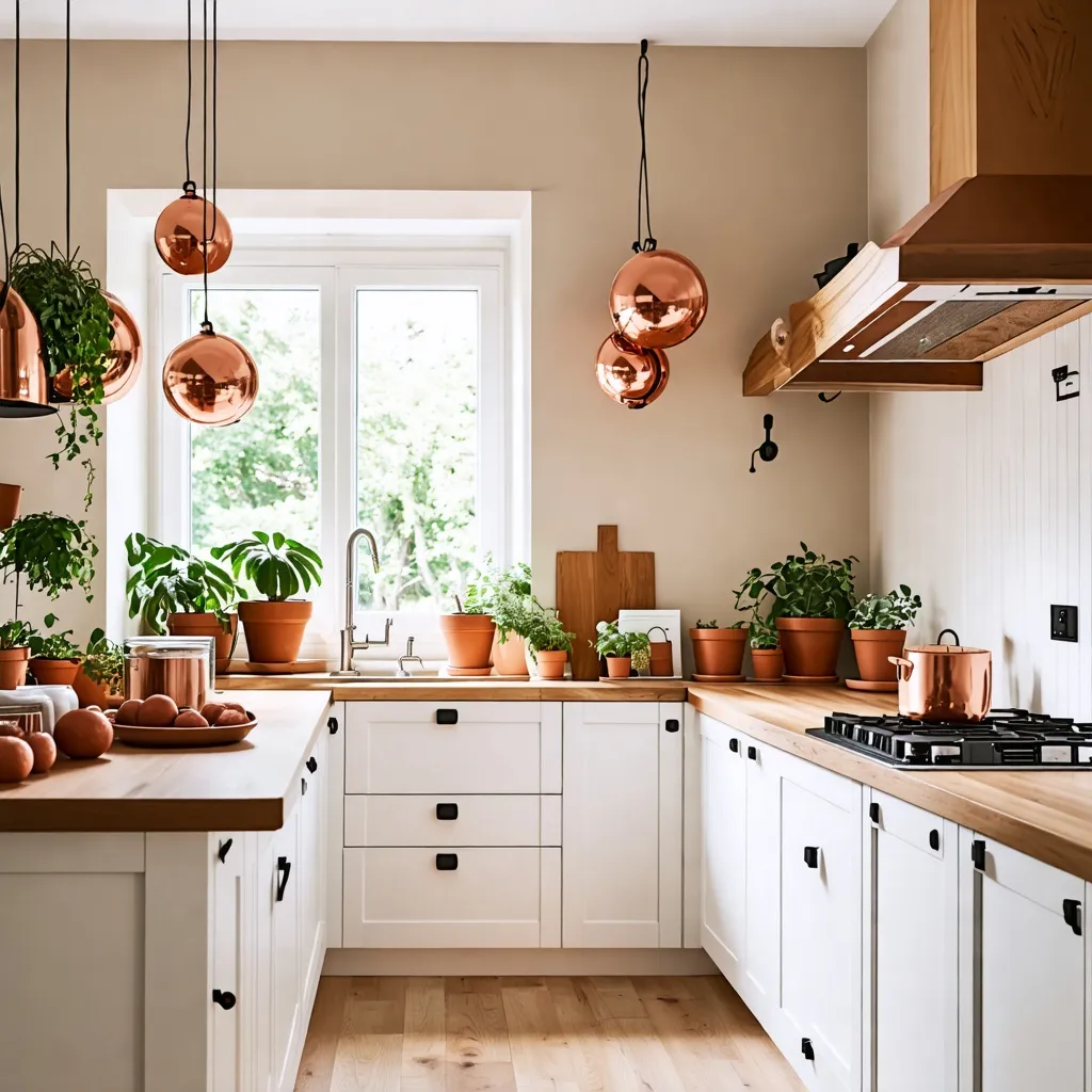 Cocina acogedora con detalles cálidos y plantas frescas.