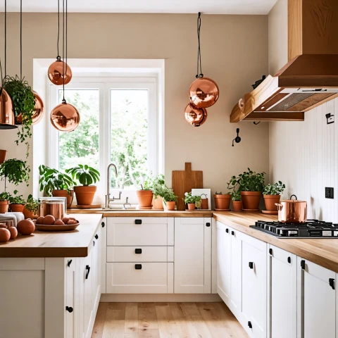 Cocina acogedora con detalles cálidos y plantas frescas.