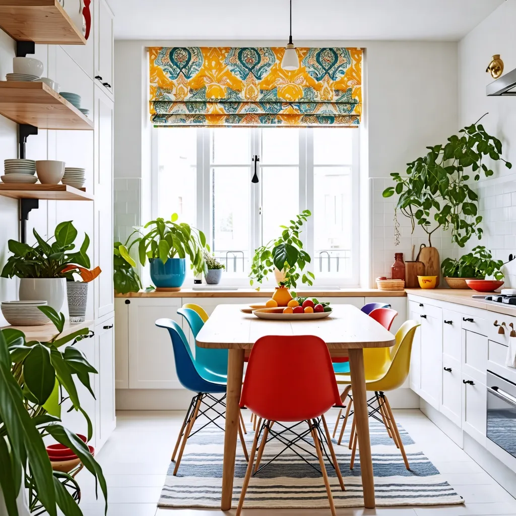 Cocina acogedora con detalles coloridos y plantas frescas.