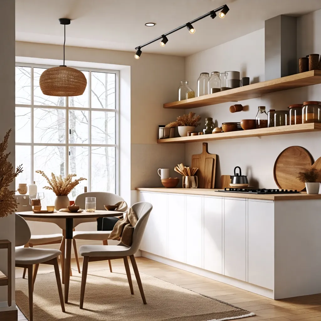 Cocina acogedora con estantes de madera y detalles naturales.