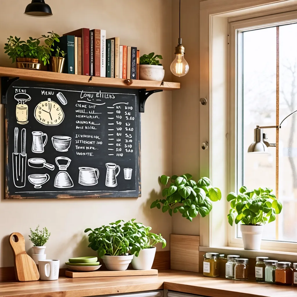 Cocina acogedora con plantas y menú de pizarra.