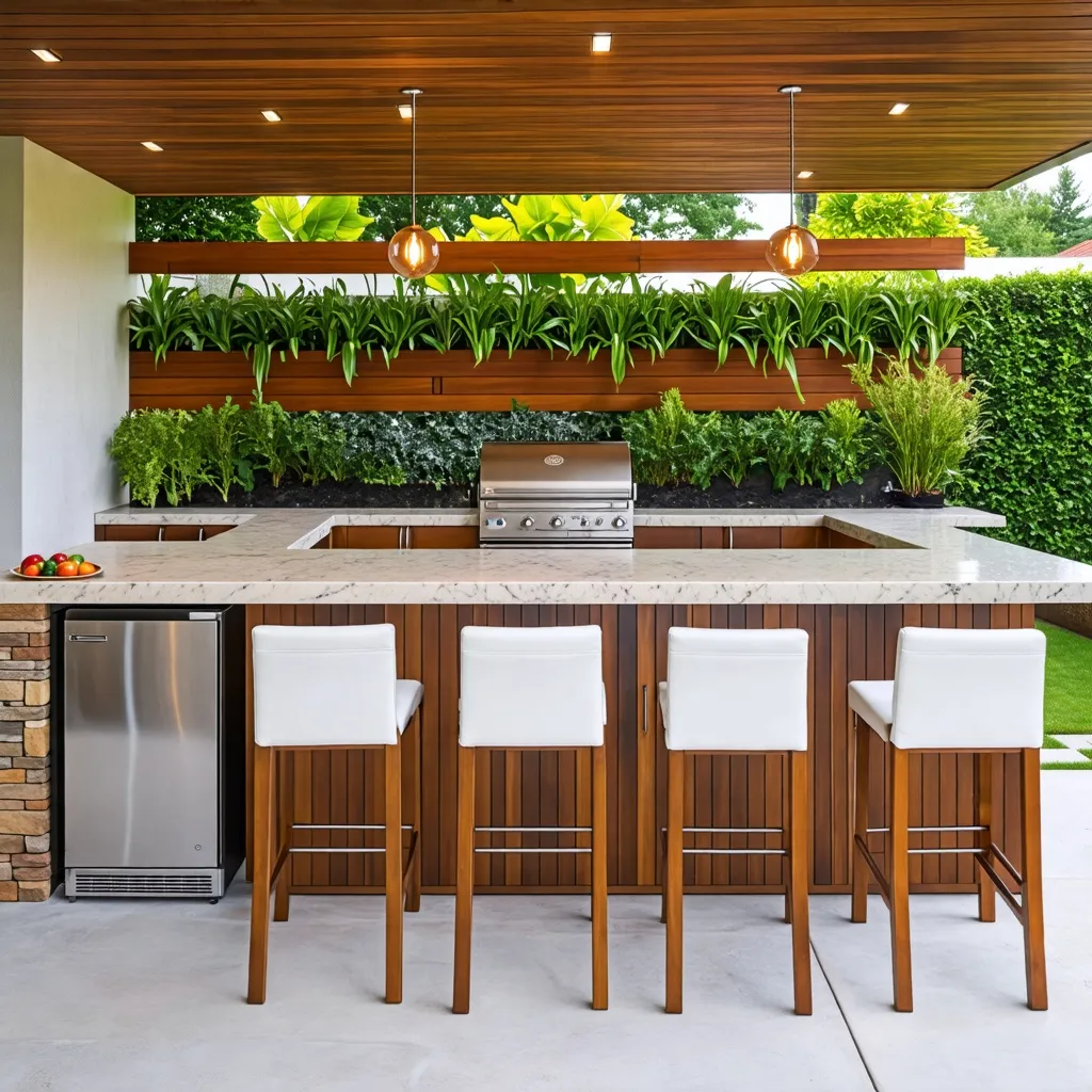 Cocina al aire libre con diseño moderno y vegetación frondosa.