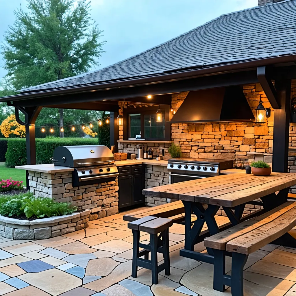 Cocina al aire libre con estilo rústico y elegante.