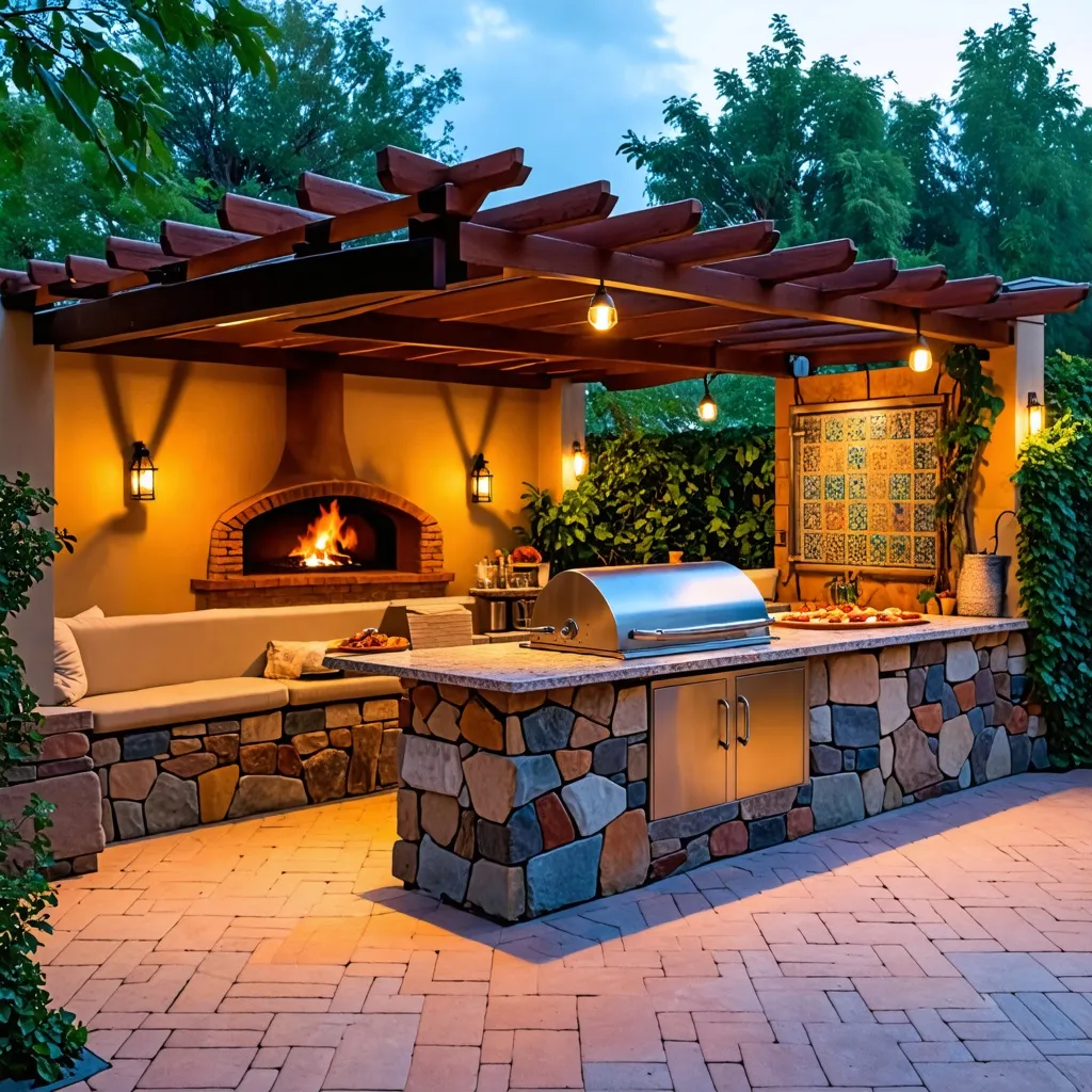 Cocina al aire libre con horno de leña y parrilla en un patio acogedor.