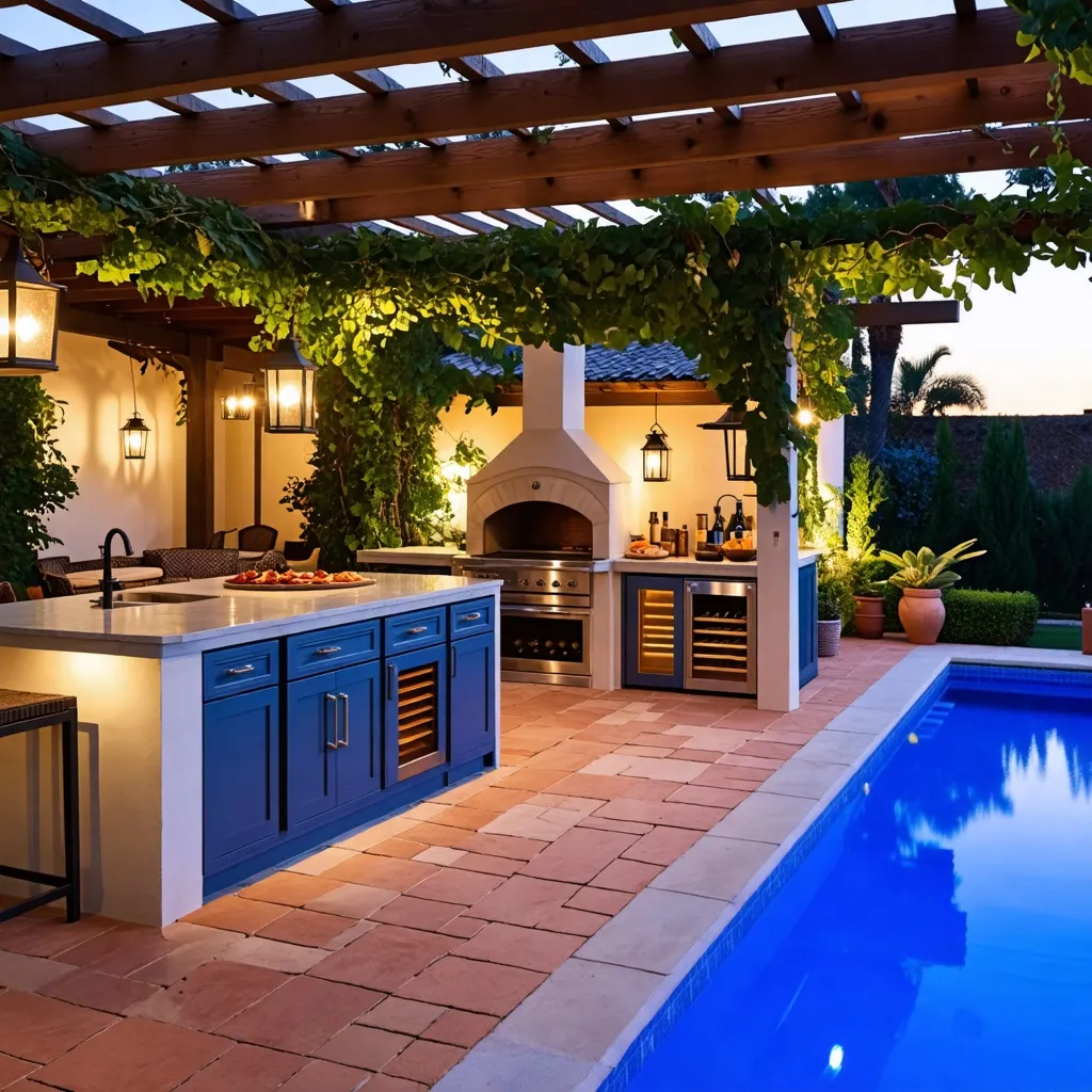 Cocina al aire libre con piscina y hermoso jardín en la noche.