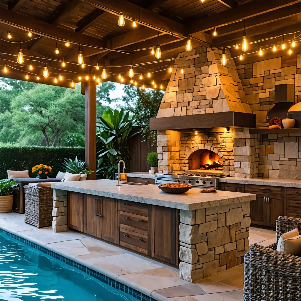 Cocina al aire libre, relajación junto a la piscina.