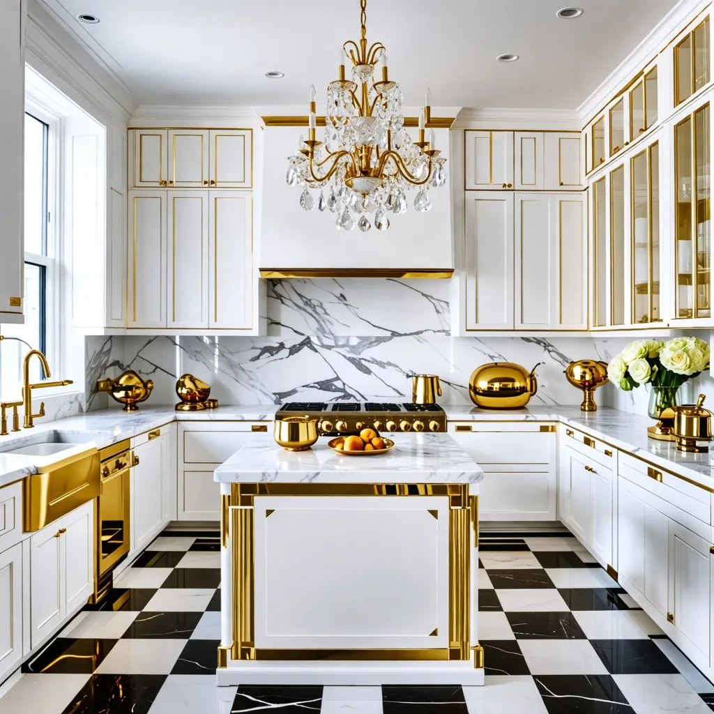 Cocina elegante y lujosa con detalles en oro y mármol.