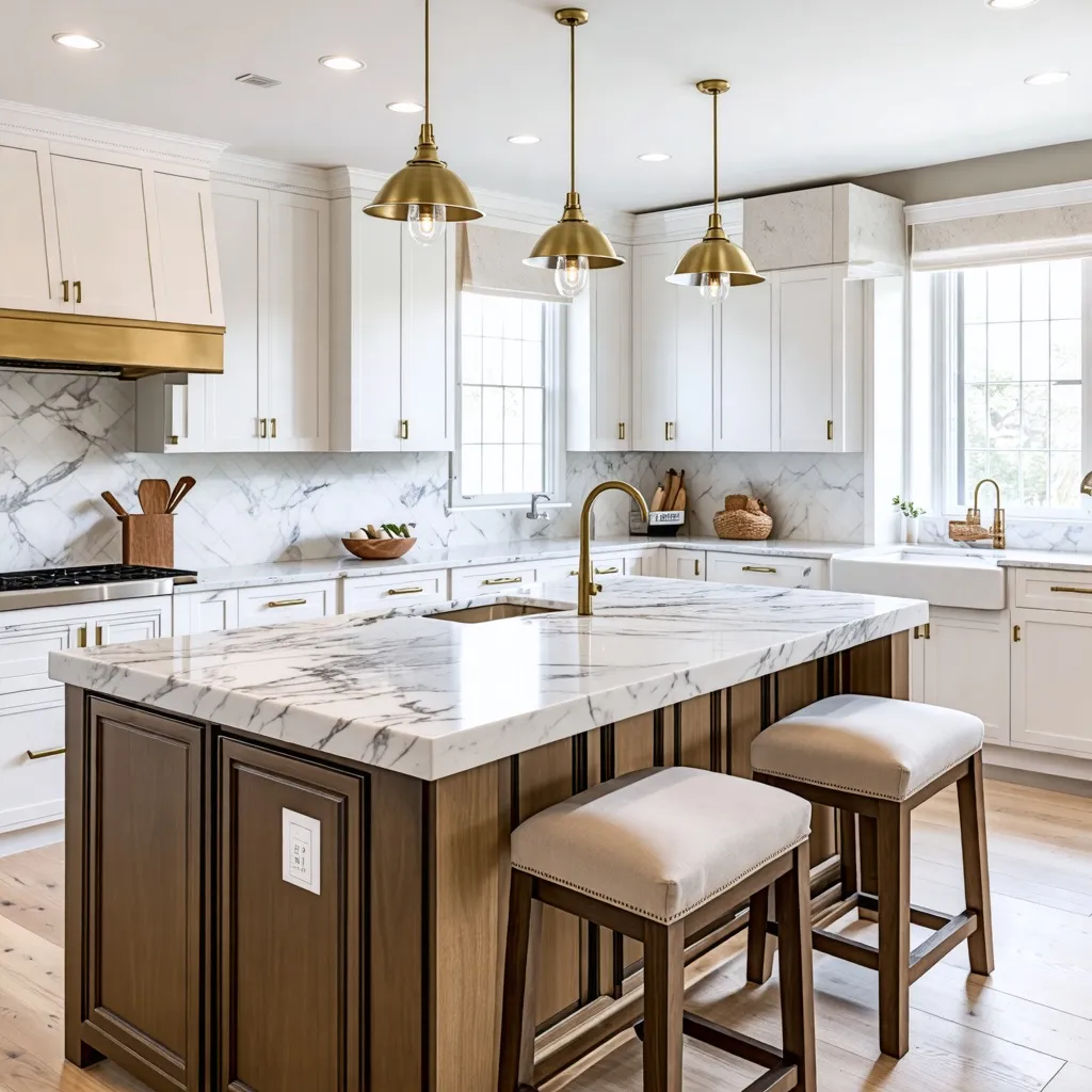 Cocina elegante y luminosa con detalles en dorado y mármol.