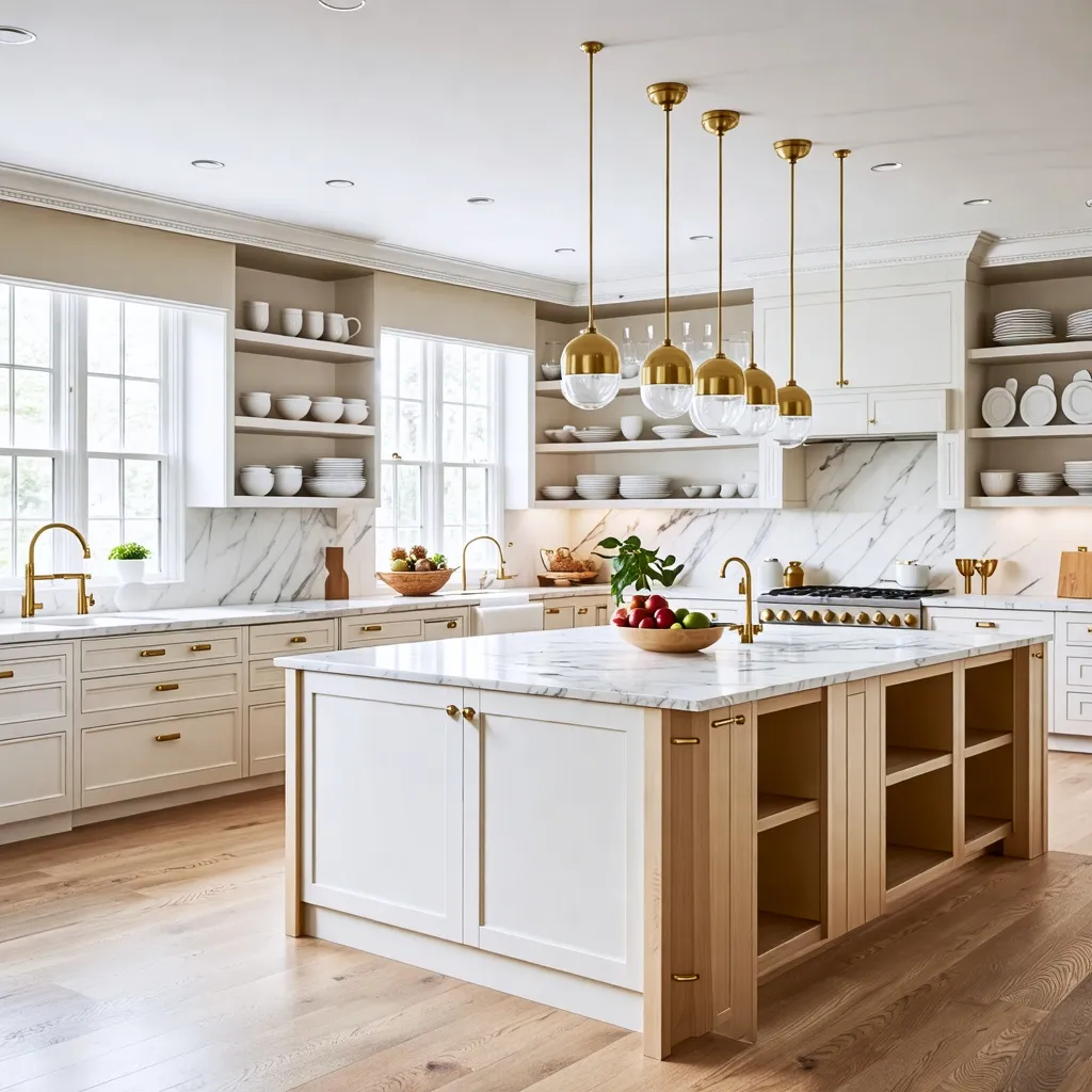 Cocina elegante y luminosa con detalles dorados y mármol.