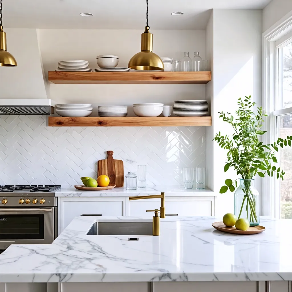 Cocina elegante y luminosa con detalles de madera y metal dorado.