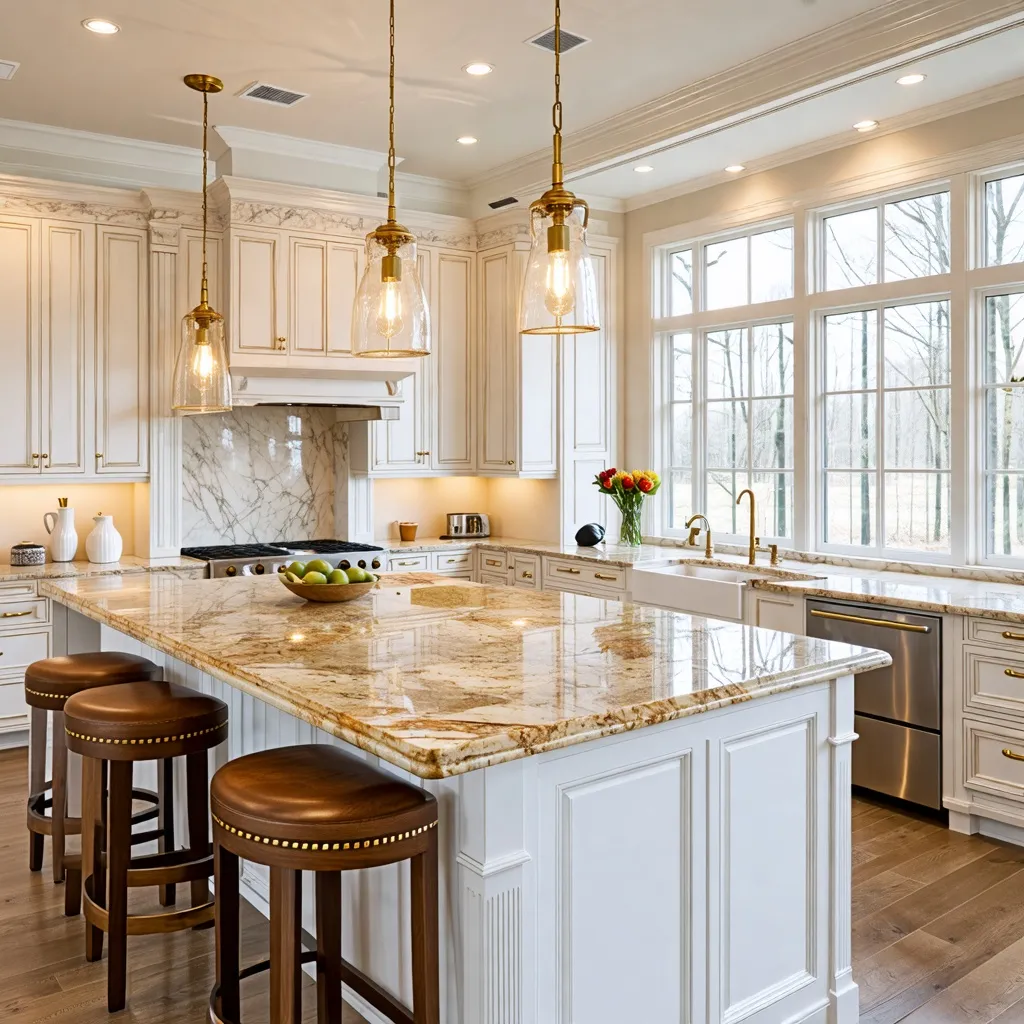 Cocina elegante y luminosa con encimeras de mármol y lámparas de estilo vintage.