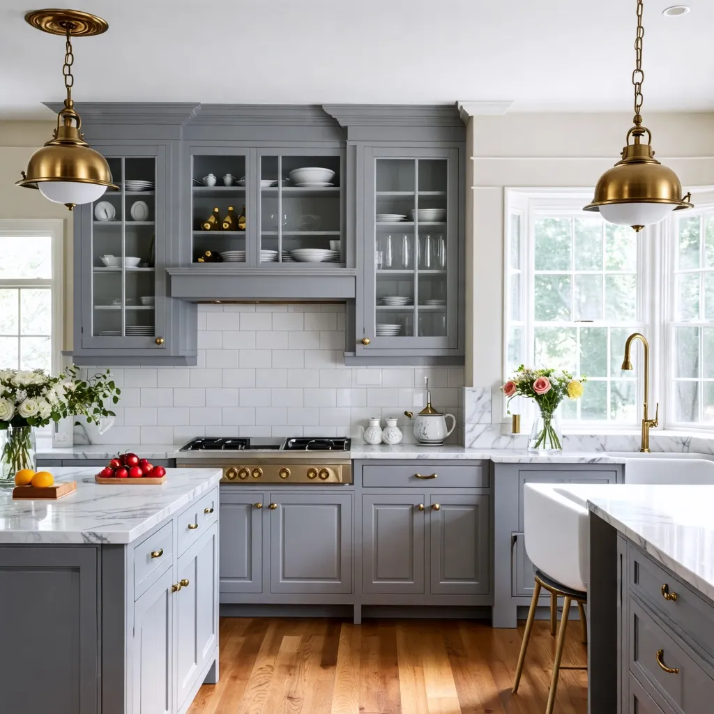 Cocina elegante y moderna con detalles en dorado y gris.