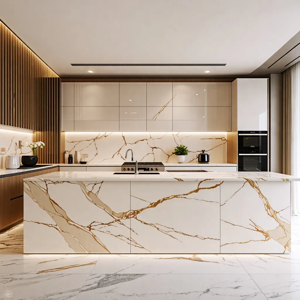 Cocina de lujo con detalles de mármol y diseño moderno.