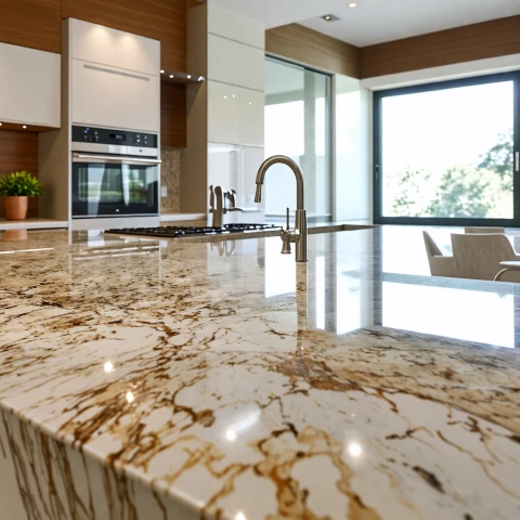 Cocina de lujo con encimera de mármol y electrodomésticos modernos.