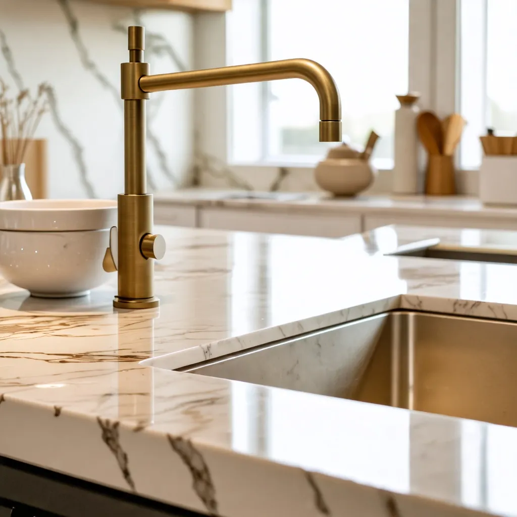 Cocina de lujo con grifo dorado y encimera de mármol.