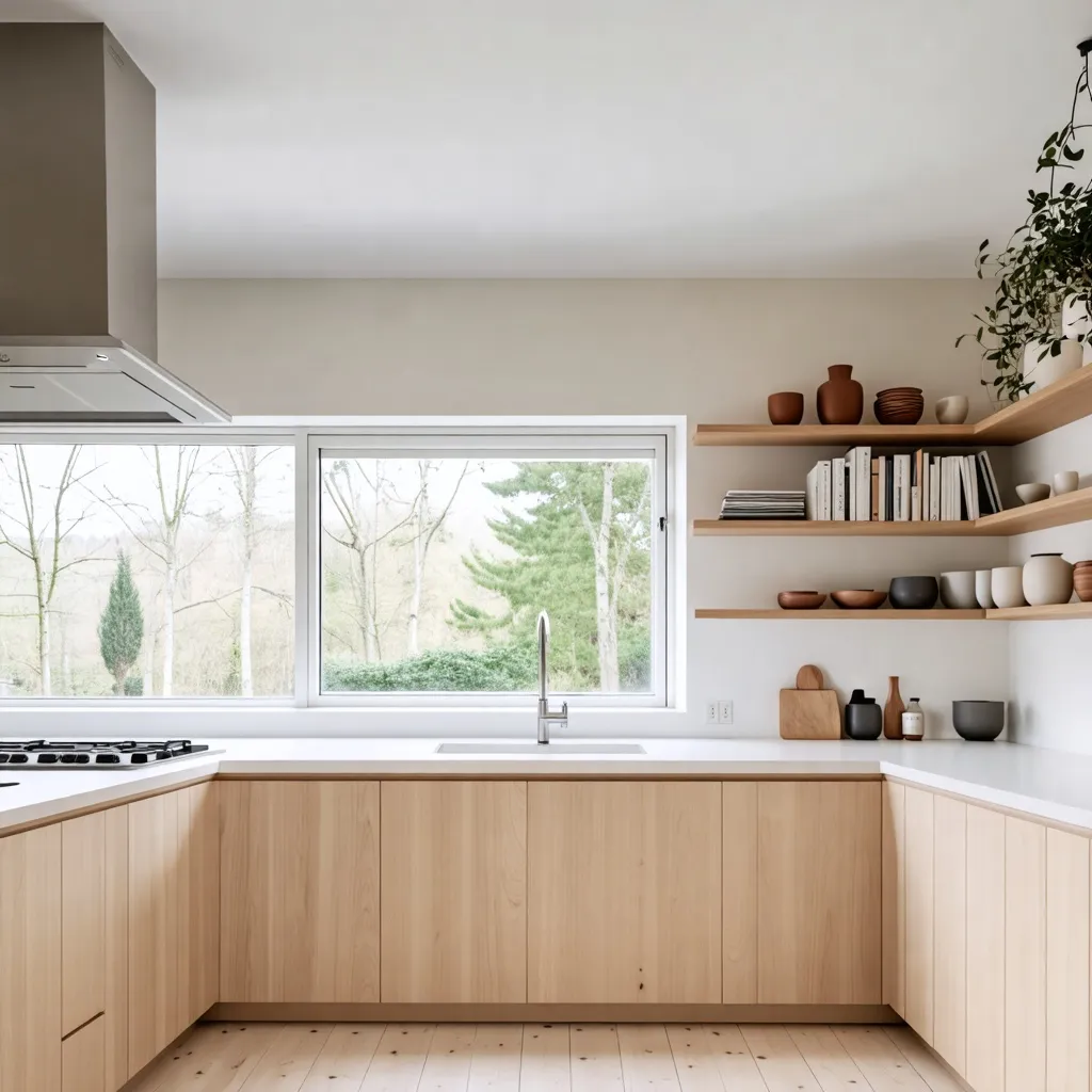 Cocina minimalista con vista al bosque: diseño natural y funcional.