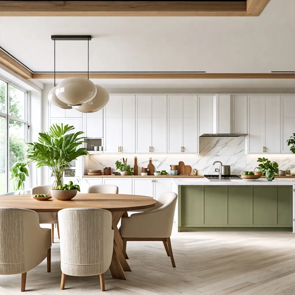 Cocina moderna y acogedora con detalles naturales y plantas.