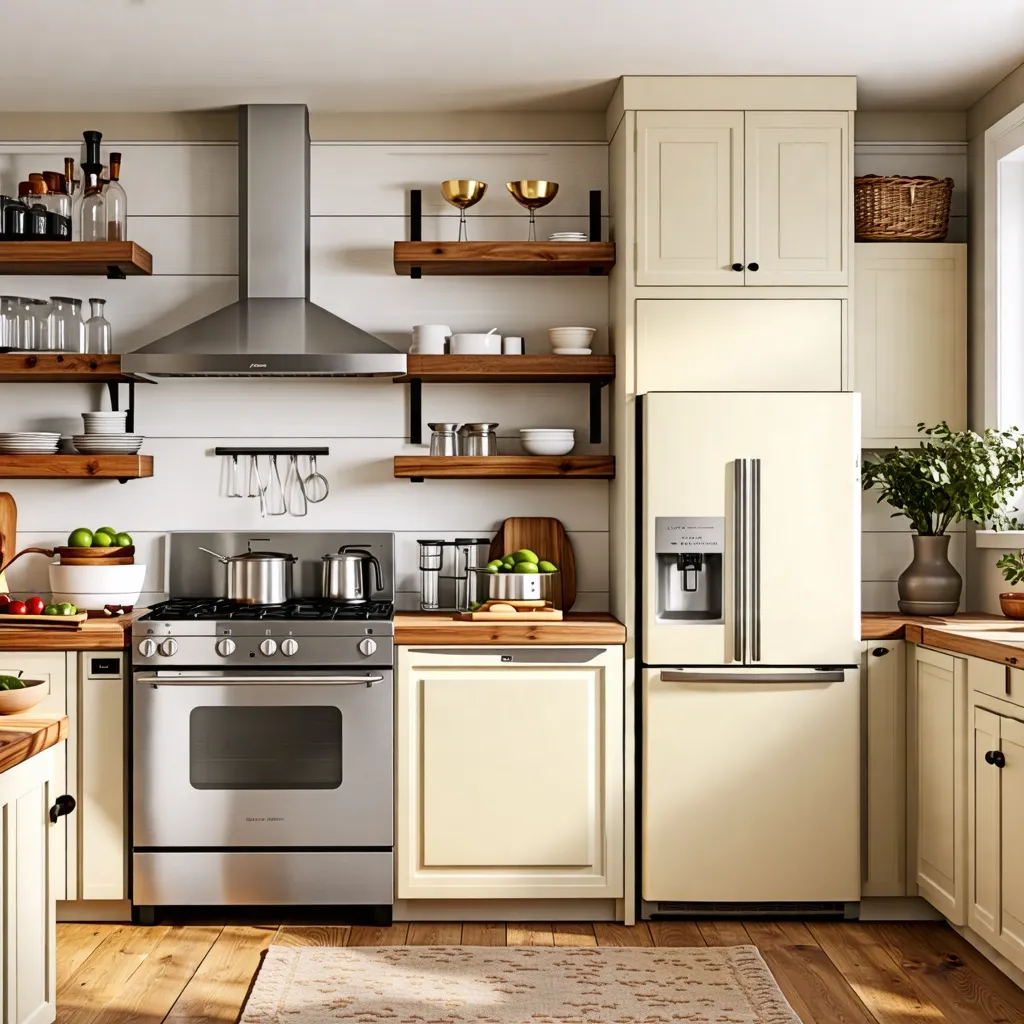 Cocina moderna y acogedora con electrodomésticos de acero inoxidable.