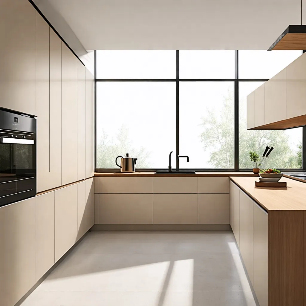 Cocina moderna y elegante con amplios ventanales.