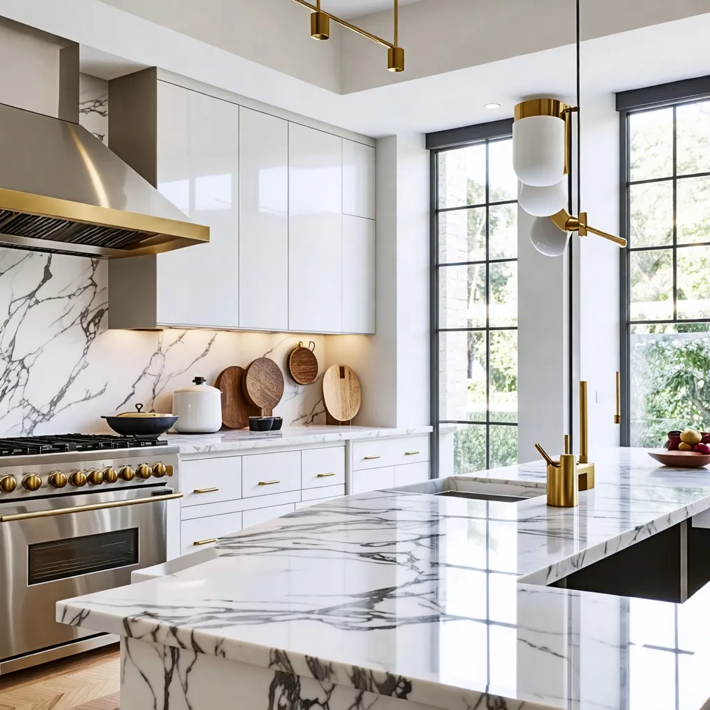 Cocina moderna y elegante con detalles en dorado y mármol.