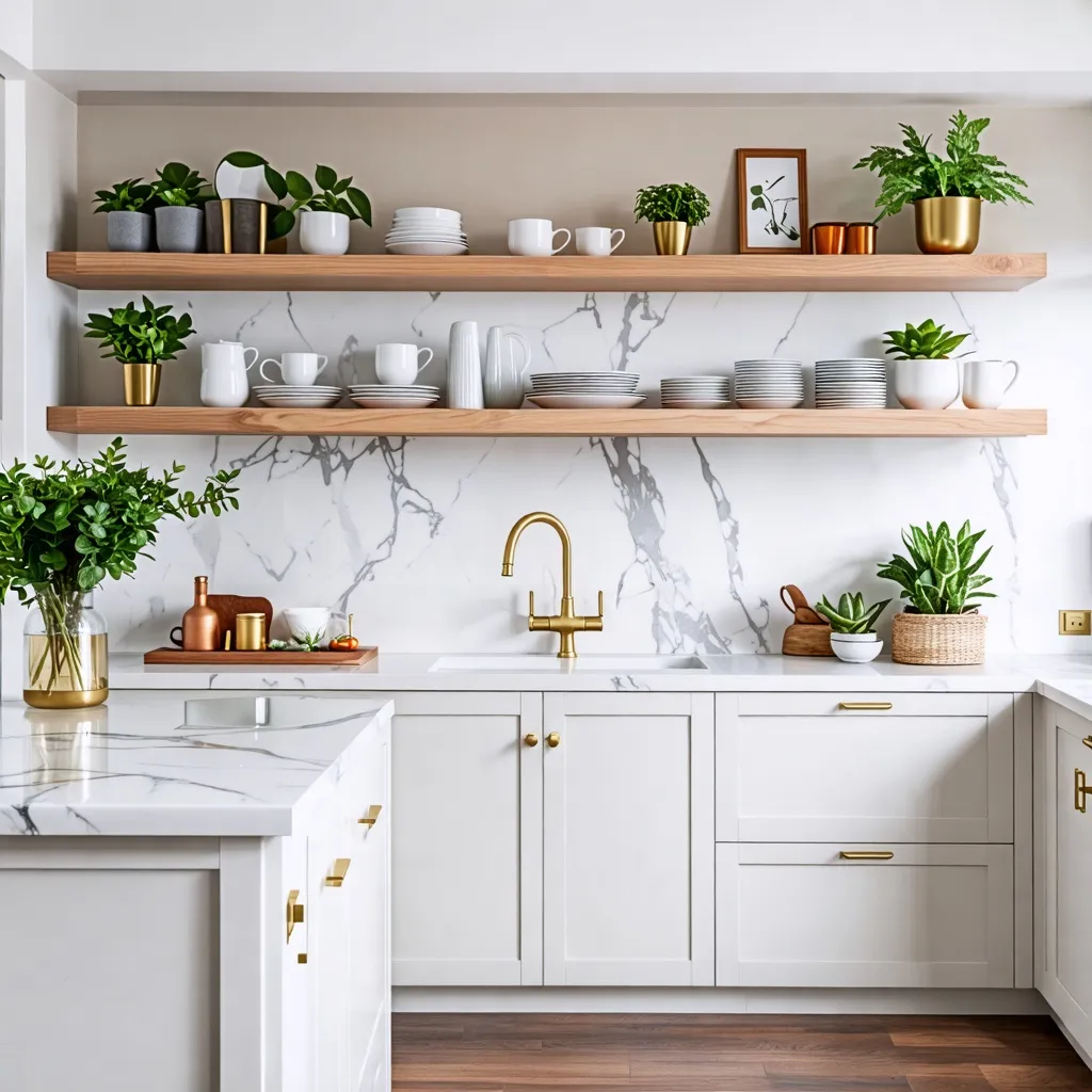 Cocina moderna y elegante con detalles en dorado y plantas.