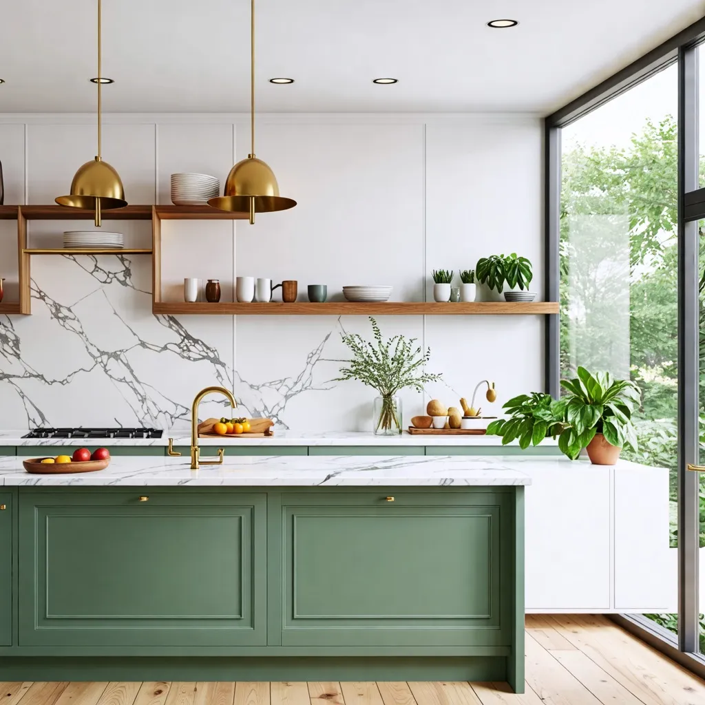 Cocina moderna y elegante con detalles en dorado y verde.