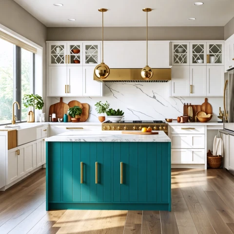 Cocina moderna y elegante con detalles dorados y azules.