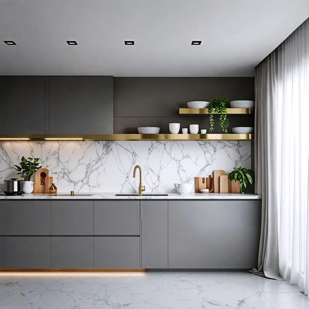 Cocina moderna y elegante con detalles dorados y mármol.