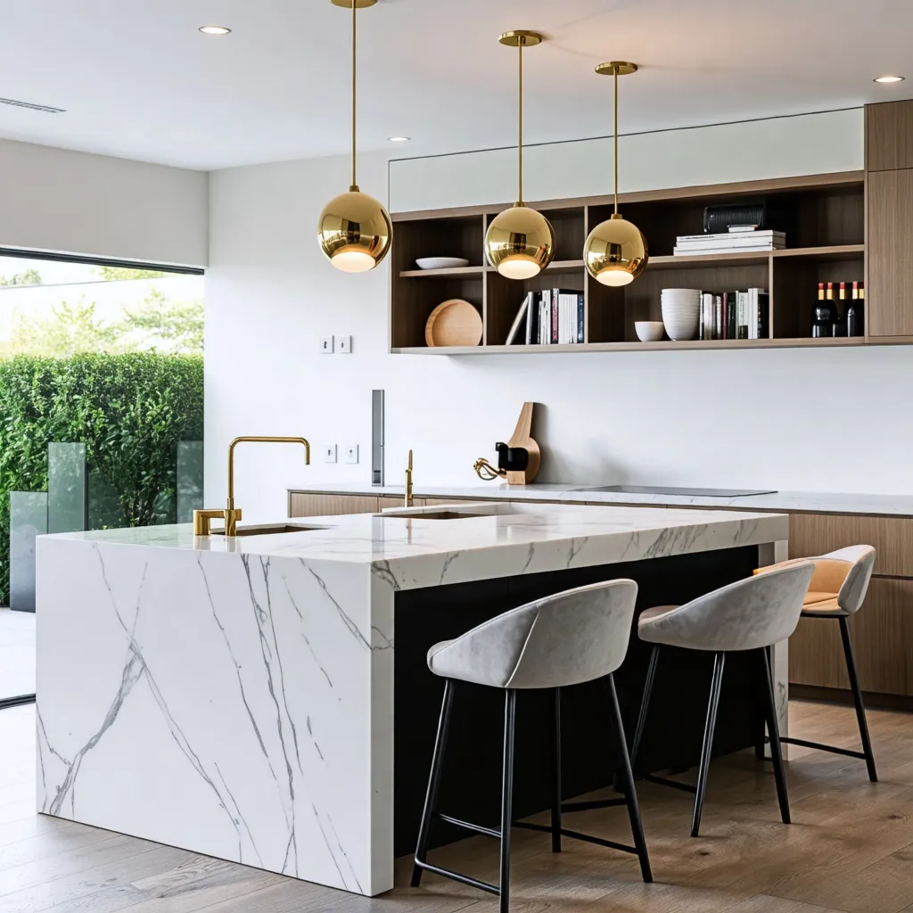 Cocina moderna y elegante con detalles dorados y muebles de madera.