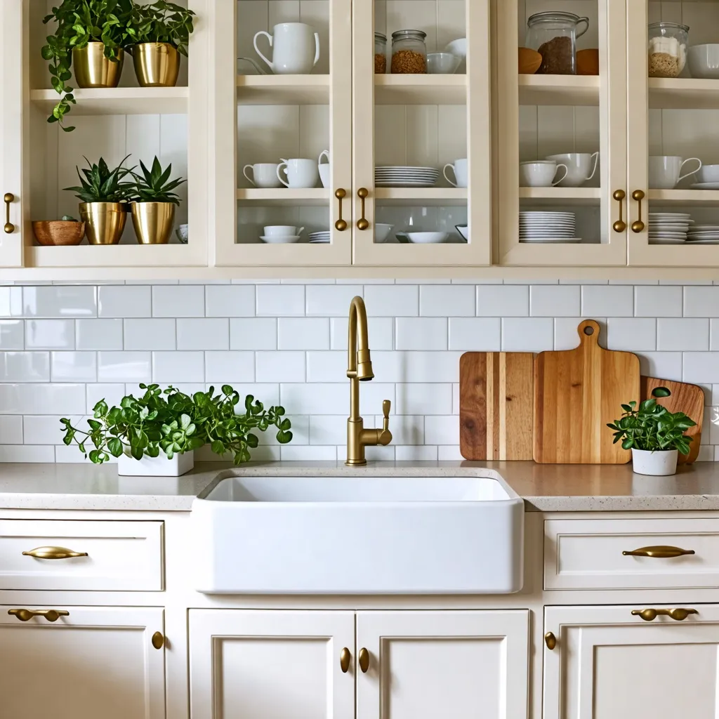Cocina moderna y elegante con detalles dorados y plantas.