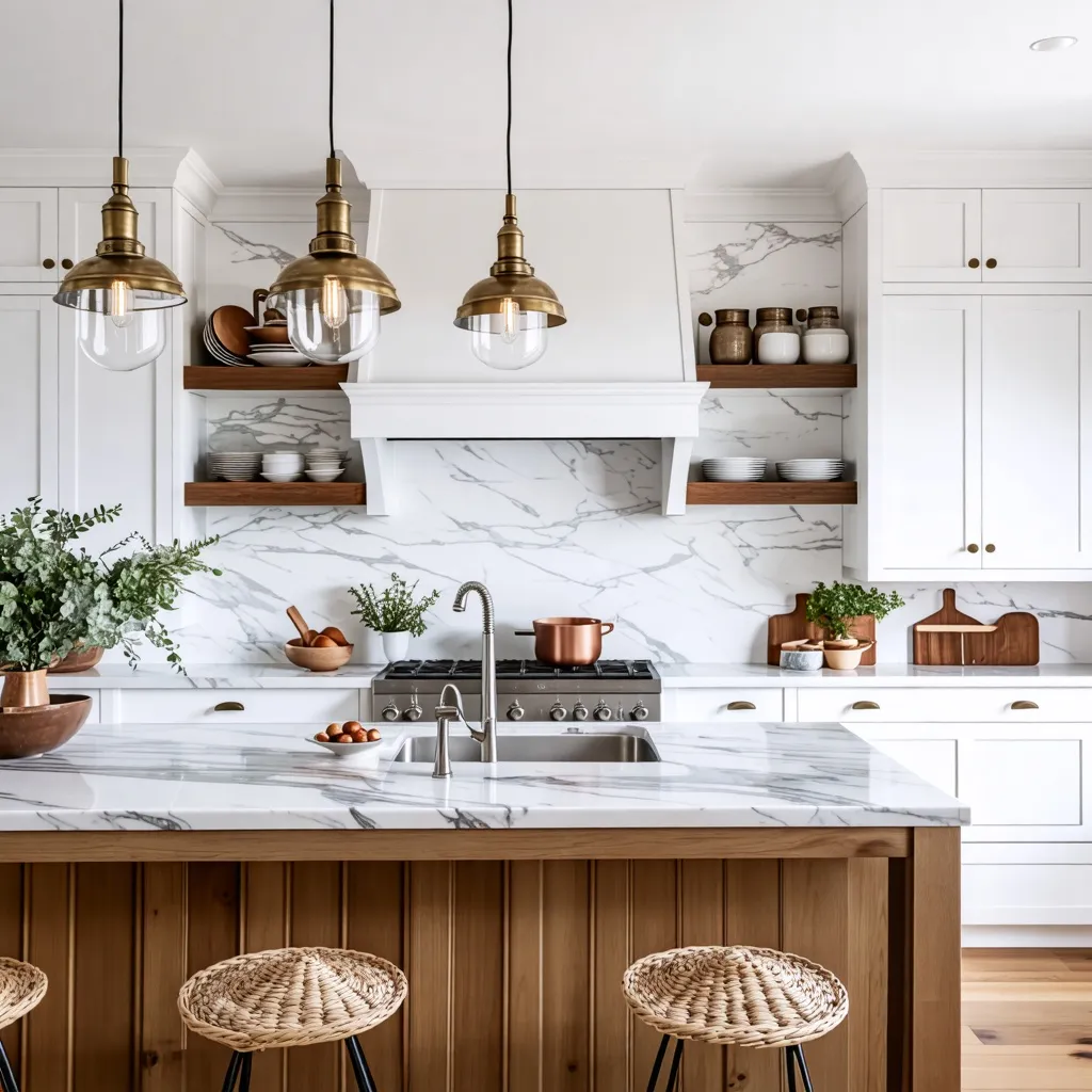 Cocina moderna y elegante con detalles en madera y bronce.