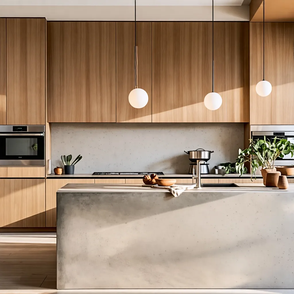 Cocina moderna y elegante con detalles de madera y concreto.