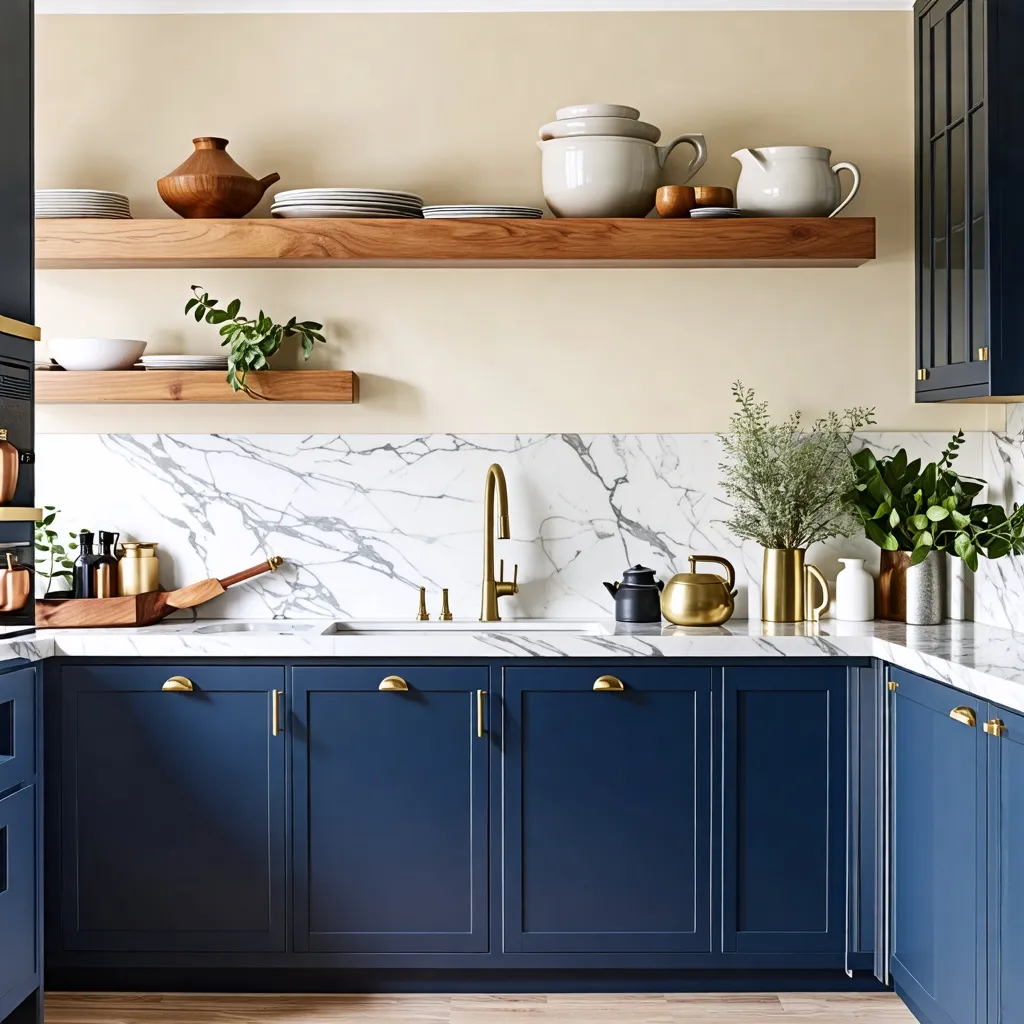 Cocina moderna y elegante con detalles de madera y mármol.