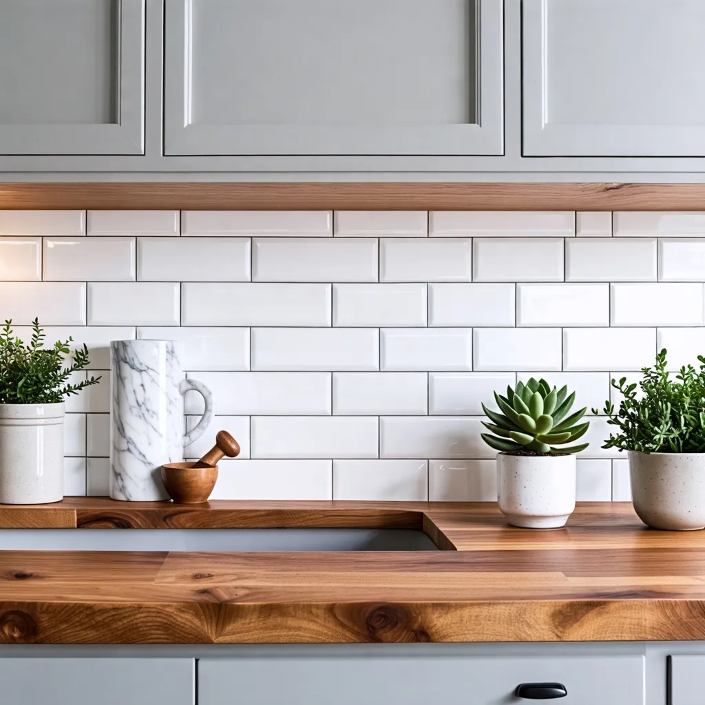 Cocina moderna y elegante con detalles de madera y plantas.