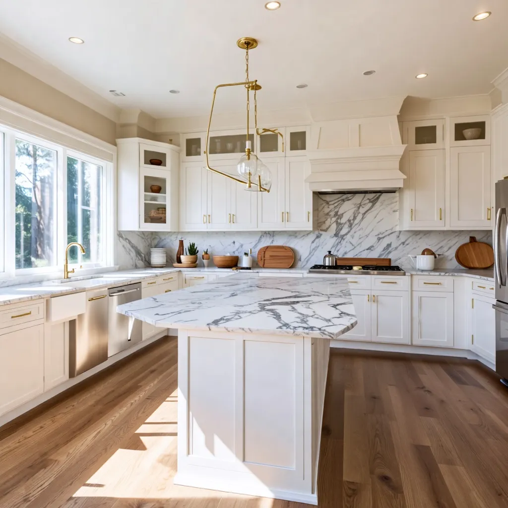 Cocina moderna y elegante con detalles de mármol y madera.