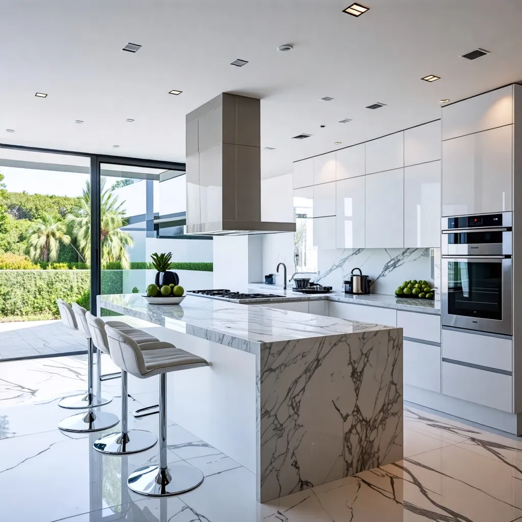 Cocina moderna y elegante con detalles de mármol y vistas al jardín.