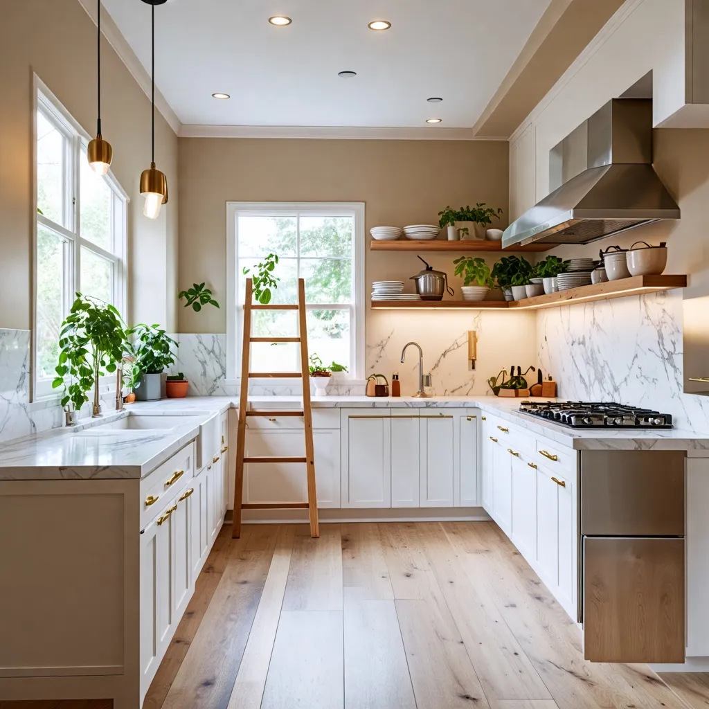 Cocina moderna y elegante con detalles naturales y luminosa.