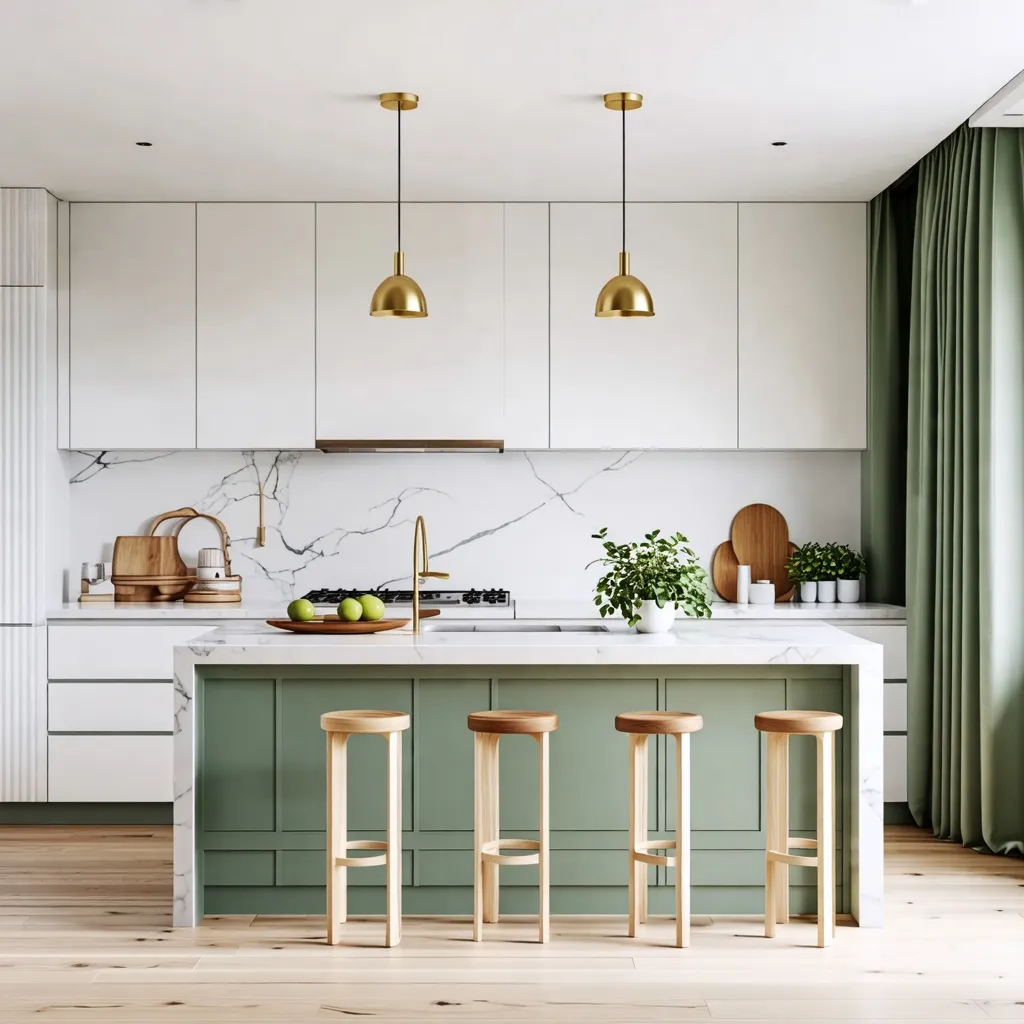 Cocina moderna y elegante con detalles en verde y dorado.
