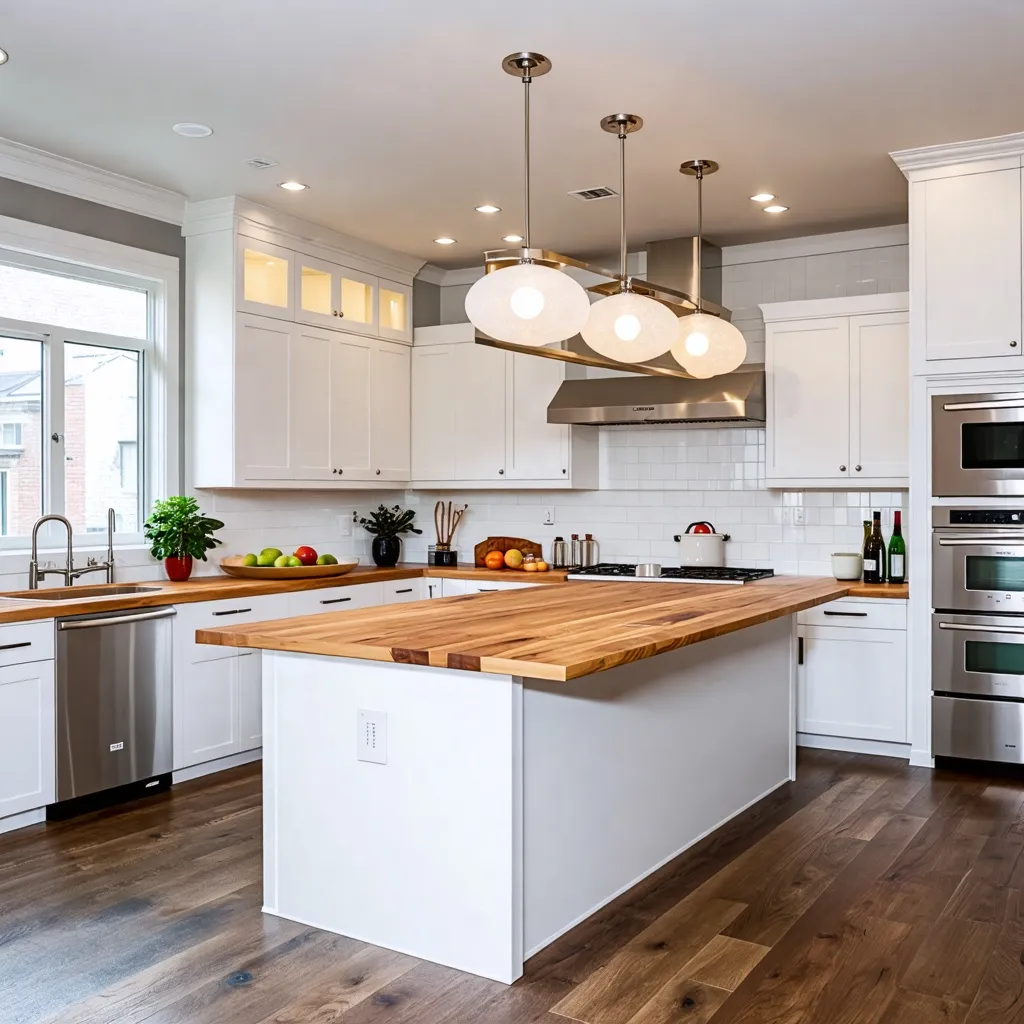 Cocina moderna y elegante con detalles de madera y acero.